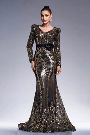 Robe longue formelle fourreau noir scintillant à manches longues dorées avec broderie à sequins